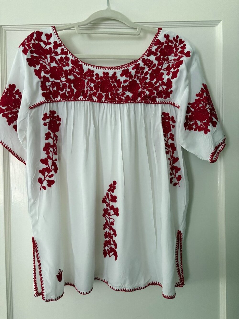 Oaxacan Style J Marie White Dress Tunic Red Silk Embroidery